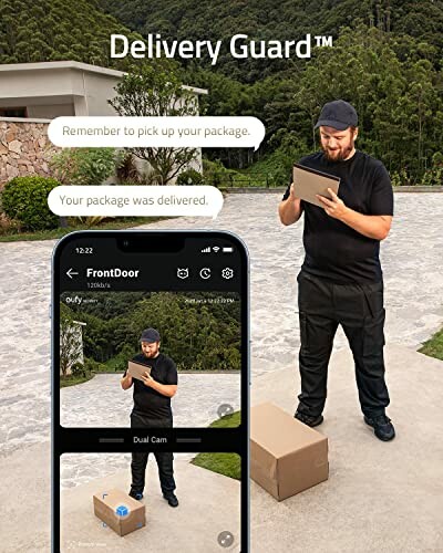 Man receiving a package with smartphone notification for smart home security