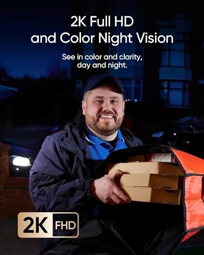 Delivery person holding pizzas with night vision camera ad.