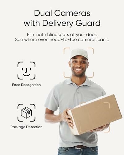 Man holding package with dual cameras and delivery guard features.