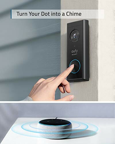 Person pressing a Eufy security doorbell with connected smart speaker.